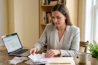 Femme organisatrice de factures et justificatifs dans un bureau à domicile bien rangé