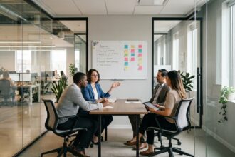 Groupe de professionnels réunis autour d'une table rectangulaire dans une salle de réunion moderne avec tableau blanc et notes adhésives pour une réunion efficace