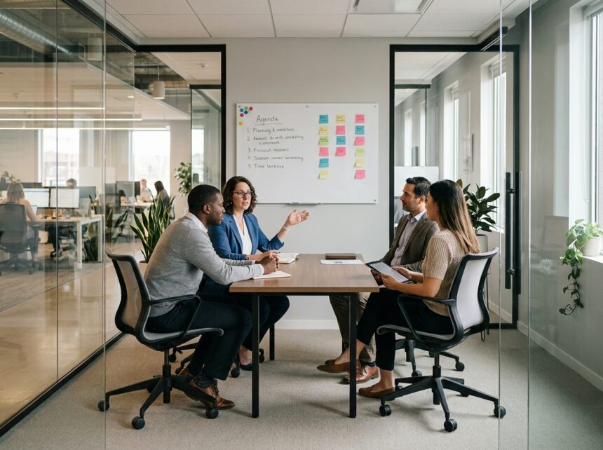 Groupe de professionnels réunis autour d'une table rectangulaire dans une salle de réunion moderne avec tableau blanc et notes adhésives pour une réunion efficace