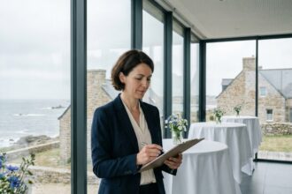 Organisatrice d'événements professionnels vérifiant les détails d'une salle de conférence avec vue sur le littoral du Finistère