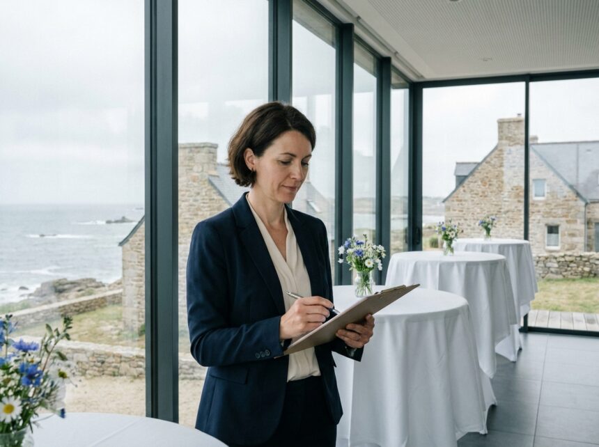 Organisatrice d'événements professionnels vérifiant les détails d'une salle de conférence avec vue sur le littoral du Finistère