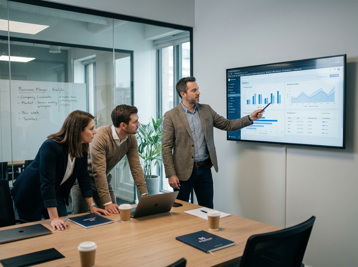 Entrepreneur présentant un logiciel de comptabilité et des graphiques de croissance à son équipe en PME