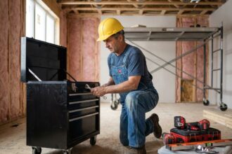 Ouvrier en tenue de chantier installant une boîte à outils