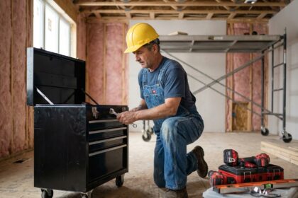 Ouvrier en tenue de chantier installant une boîte à outils