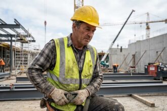 Ouvrier de construction en veston jaune ajustant un harnais