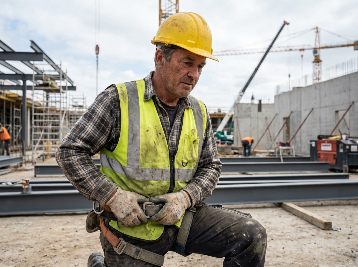 Ouvrier de construction en veston jaune ajustant un harnais