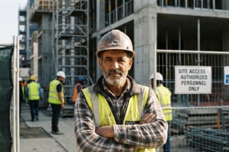Ouvrier de construction nord-africain en vestiaire jaune