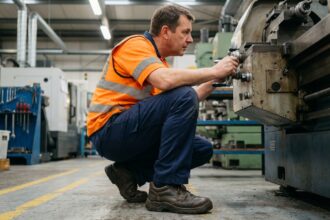 Ouvrier inspectant une machine en usine avec chaussures de sécurité