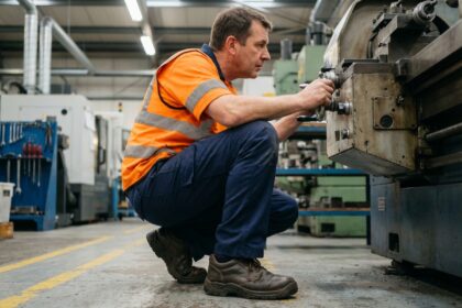 Ouvrier inspectant une machine en usine avec chaussures de sécurité