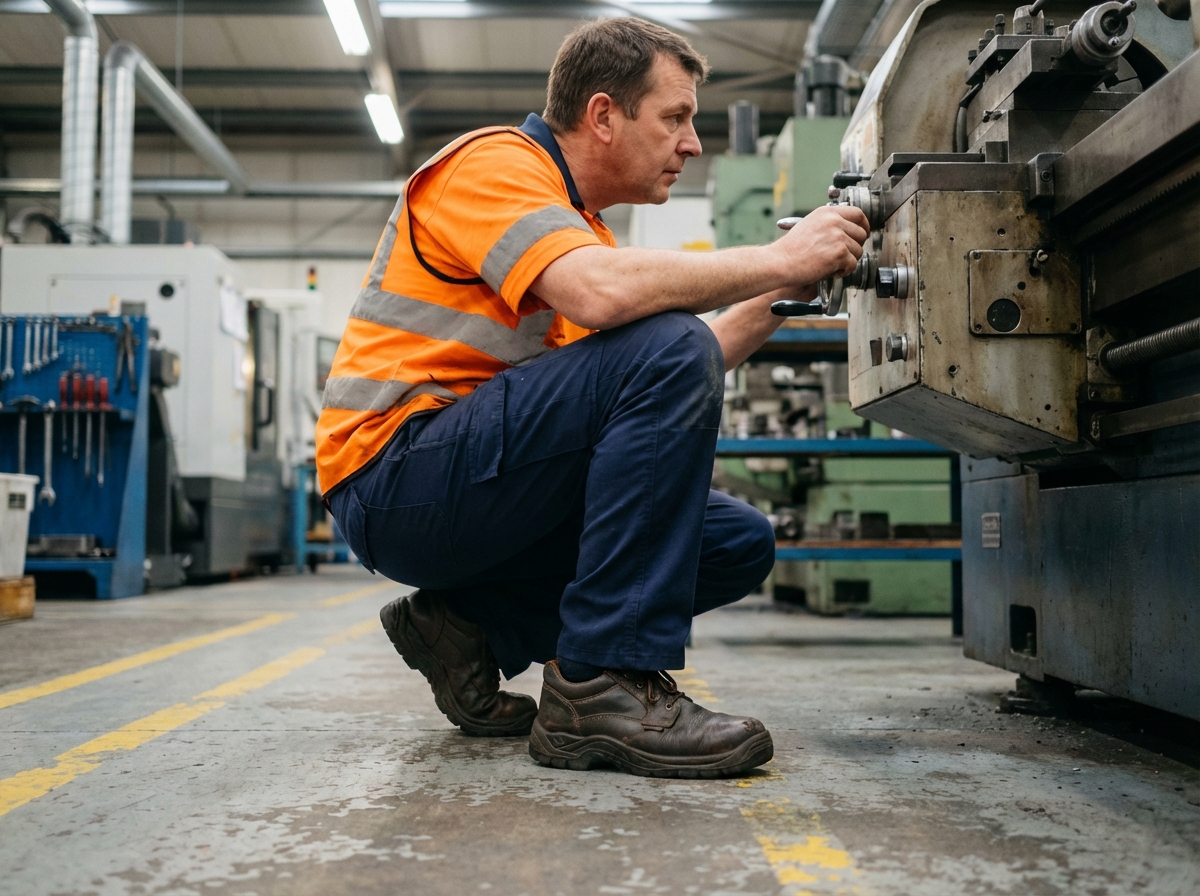 Ouvrier inspectant une machine en usine avec chaussures de sécurité