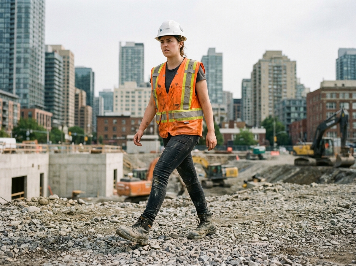 Ouvrière de construction marchant avec ses chaussures de sécurité
