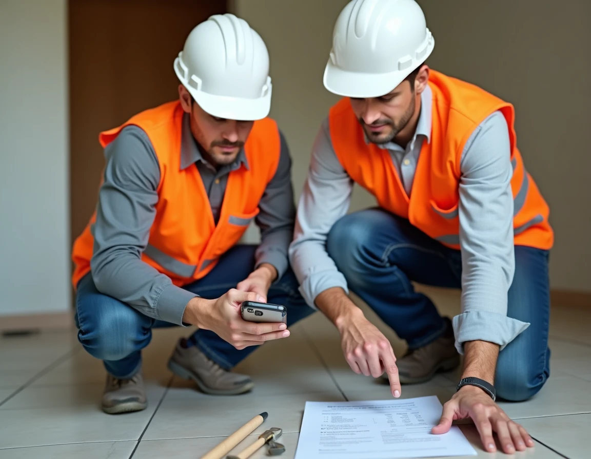 Deux ouvriers BTP consultant un devis numérique sur smartphone lors d'un chantier de rénovation