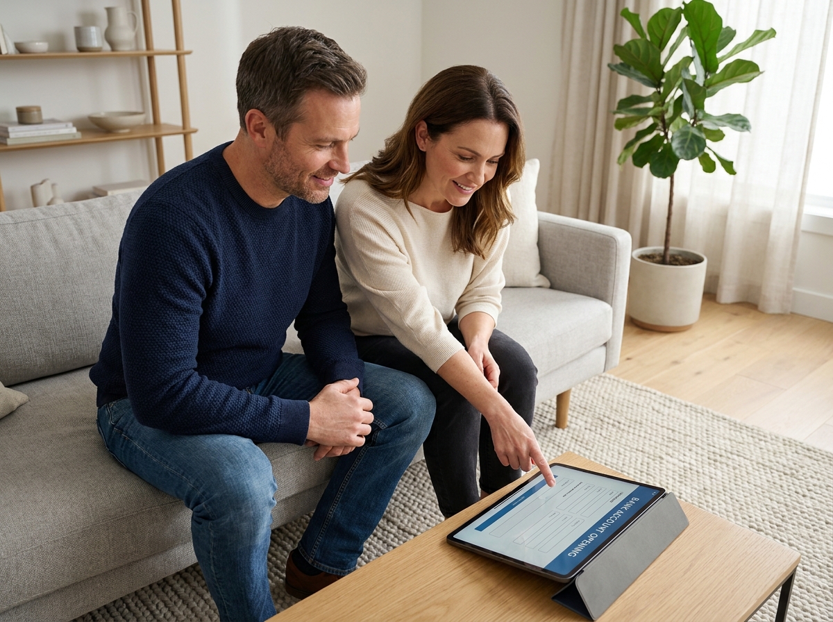 Couple consultant un service bancaire en ligne sur une tablette dans leur salon pour ouvrir un compte ensemble