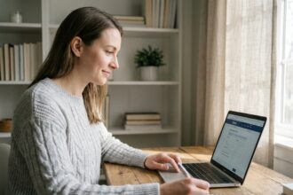 Jeune femme ouvrant un compte bancaire en ligne sur son ordinateur portable dans un bureau à domicile moderne