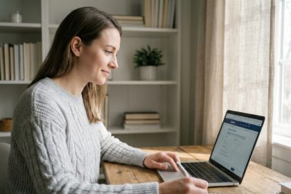 Jeune femme ouvrant un compte bancaire en ligne sur son ordinateur portable dans un bureau à domicile moderne