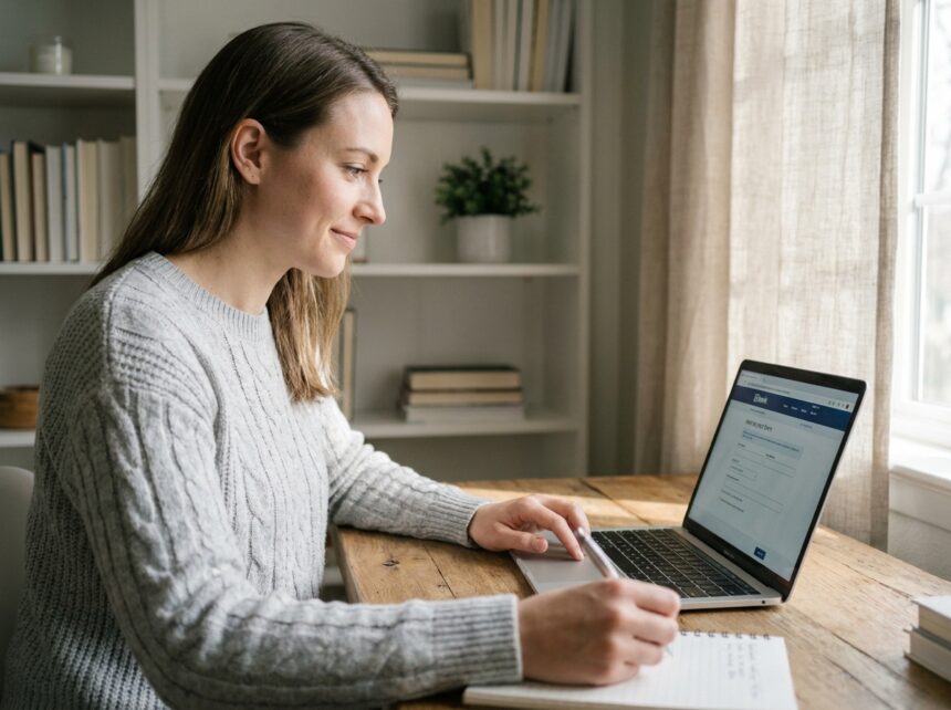 Jeune femme ouvrant un compte bancaire en ligne sur son ordinateur portable dans un bureau à domicile moderne