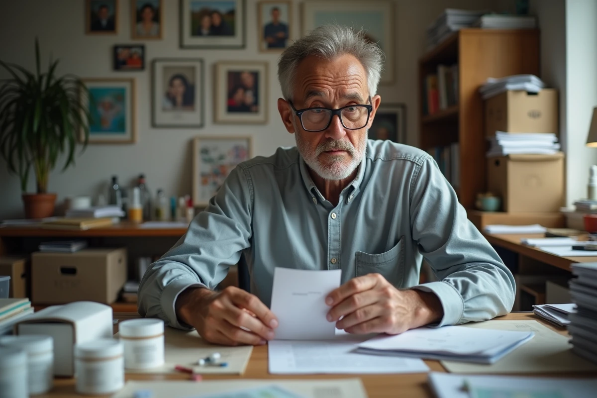 Père triant des échantillons cosmétiques à son bureau