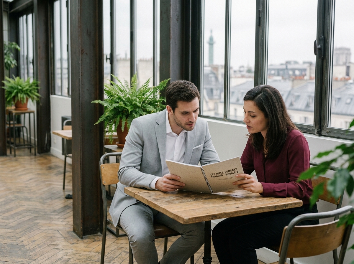 Deux participants à une formation CSE inter-entreprise échangeant sur leur livret pédagogique à Paris