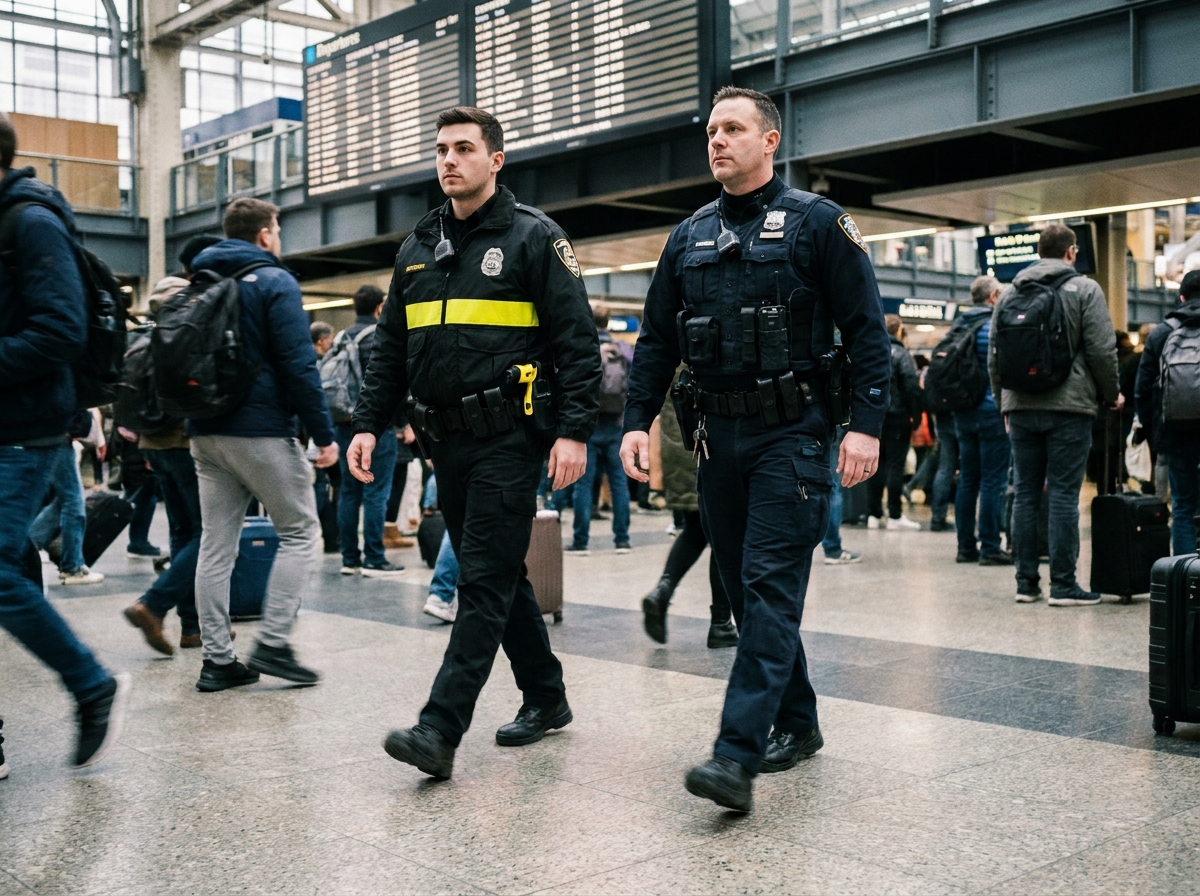 Agent de sécurité privée et policier national patrouillant ensemble dans un hall de gare ferroviaire animé