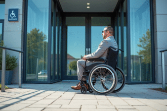 Homme en fauteuil roulant utilisant une rampe d'accès dans une entreprise