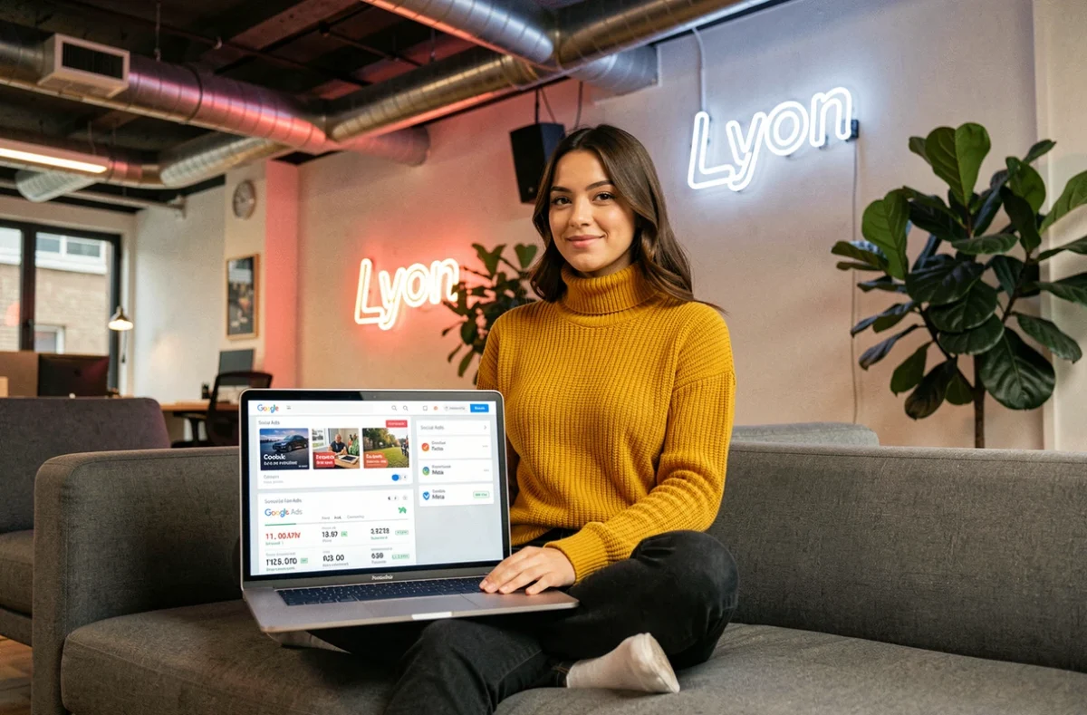 Spécialiste paid media de l'agence Pickers gérant simultanément des campagnes SEA et Social Ads sur un ordinateur portable dans un espace créatif à Lyon