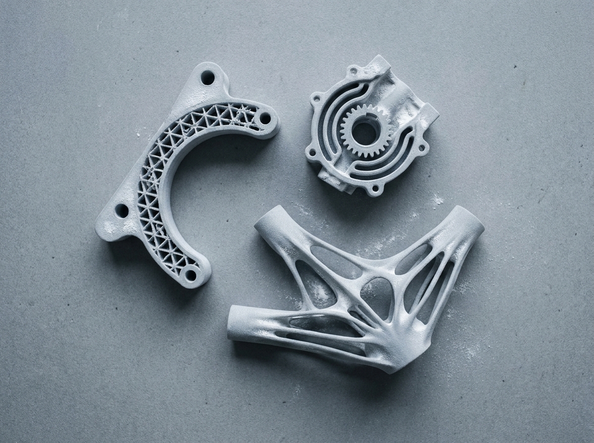 Vue macro de pièces techniques en nylon imprimées en 3D SLS avec structures en treillis et géométries complexes disposées sur fond gris industriel