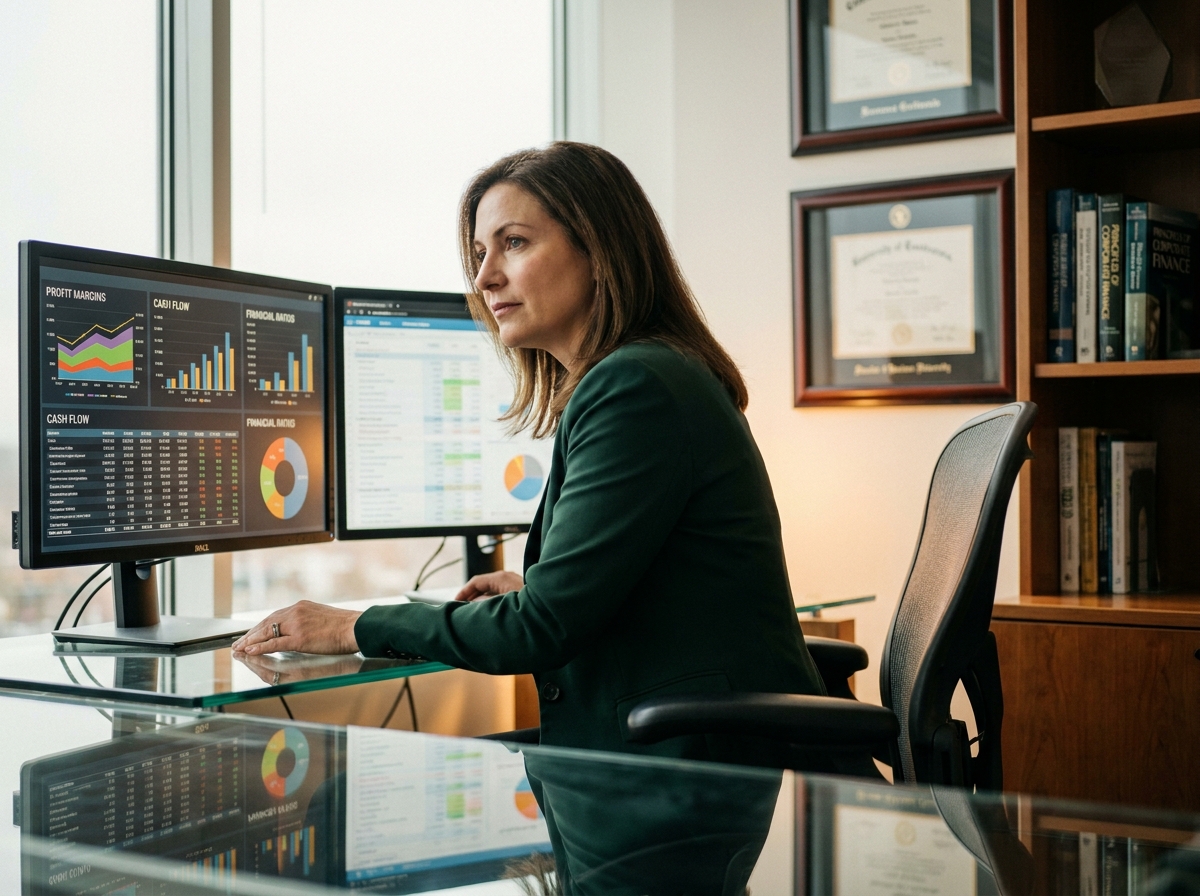 Directrice financière d'une PME analysant des indicateurs financiers sur des écrans doubles