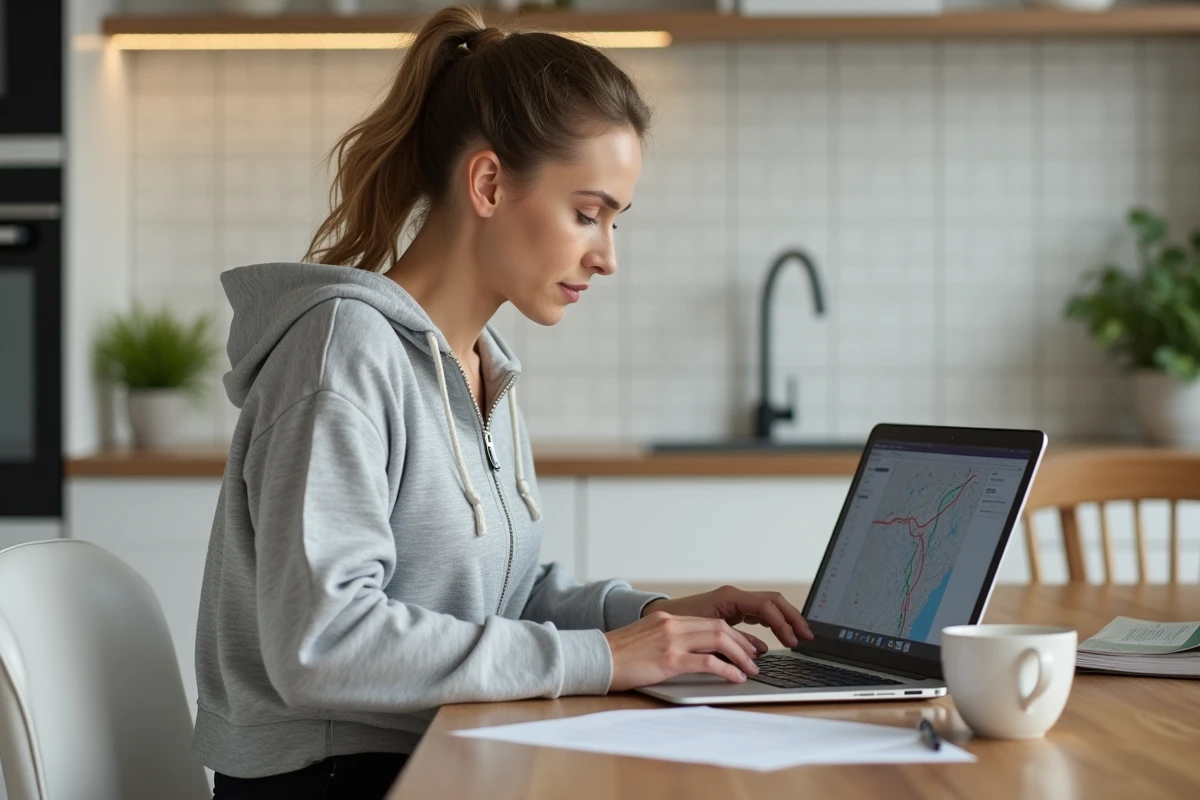 Femme planifiant ses tournées de livraison Amazon depuis son domicile avec ordinateur portable et documents administratifs