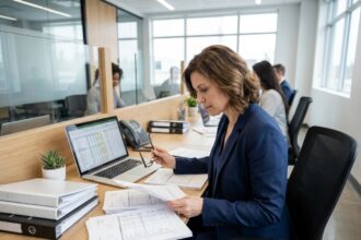 Cheffe d'entreprise d'une PME examinant des documents financiers dans un bureau moderne bien organisé