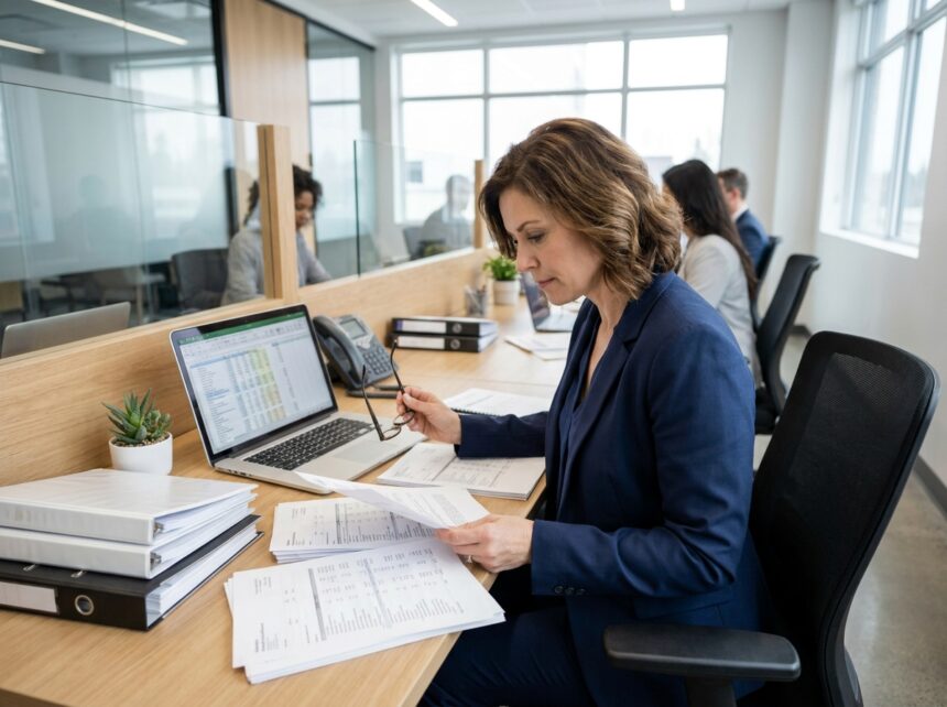 Cheffe d'entreprise d'une PME examinant des documents financiers dans un bureau moderne bien organisé