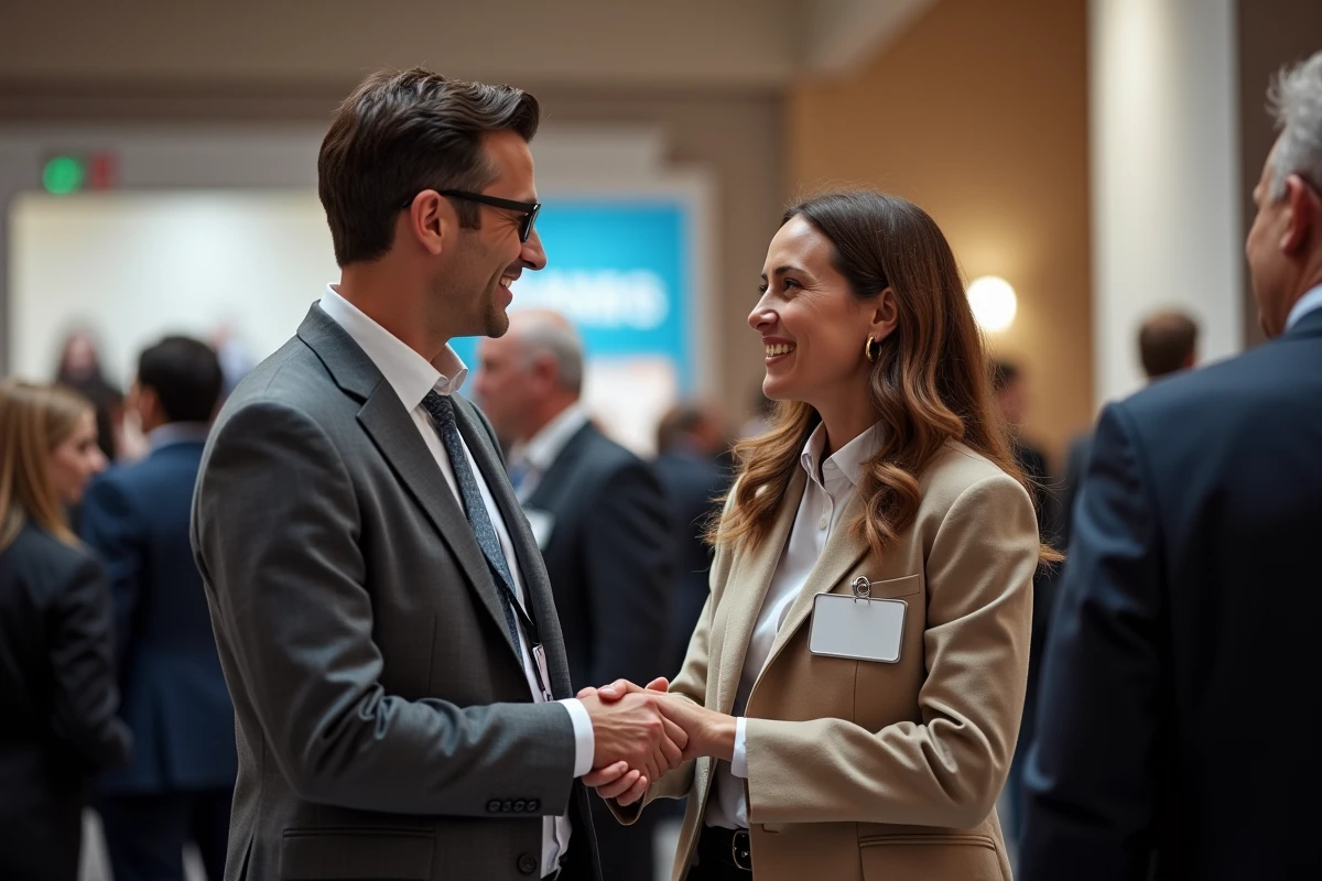 Deux professionnels se serrant la main lors d'un événement de networking B2B avec badges nominatifs visibles