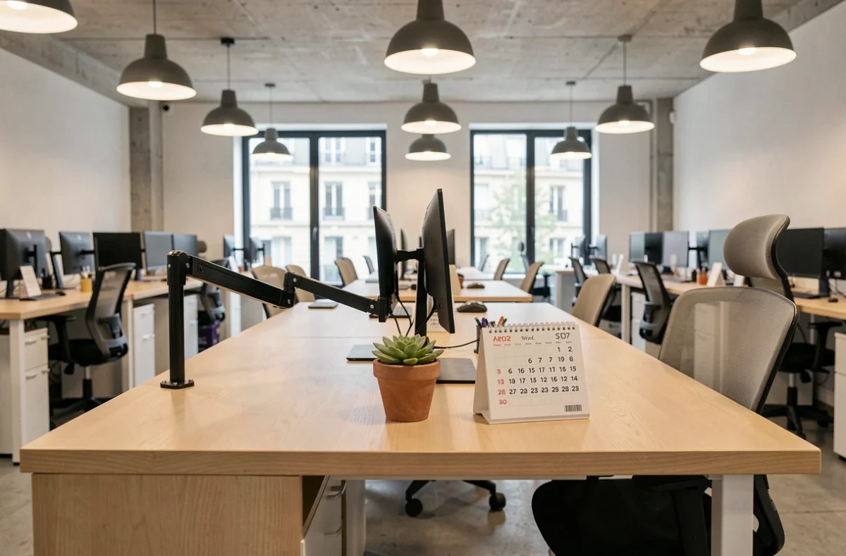 Poste de travail vide en hot-desk dans un espace de coworking minimaliste à Croix avec vue urbaine