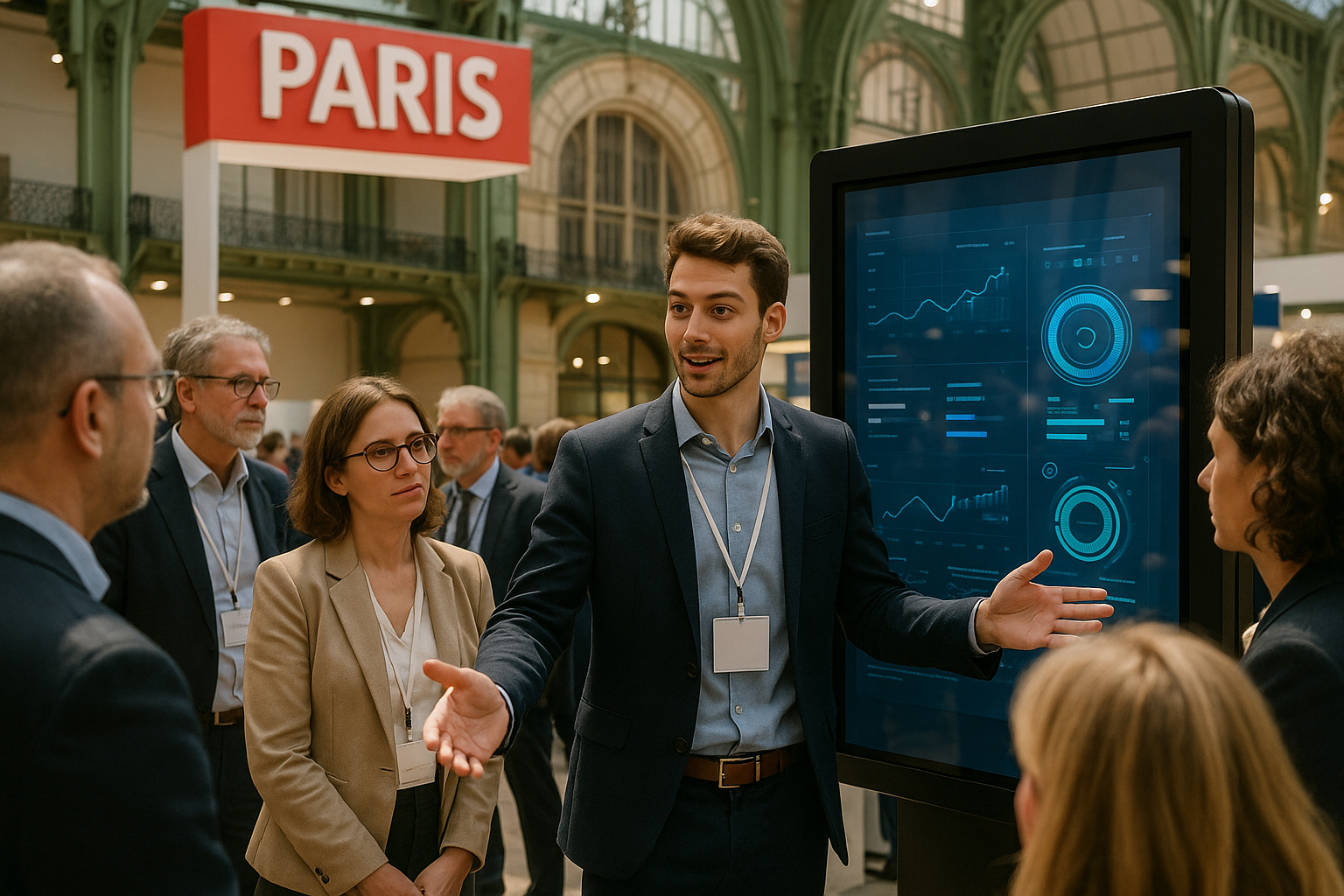Jeune professionnel présentant devant un écran interactif à Paris