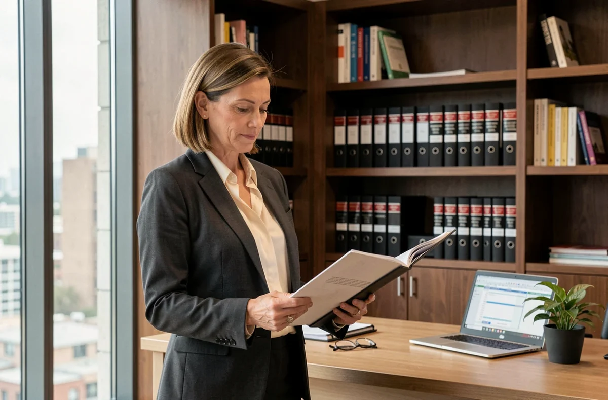 Présidente du directoire dans son bureau examinant un rapport stratégique, illustrant les responsabilités et missions de direction exécutive
