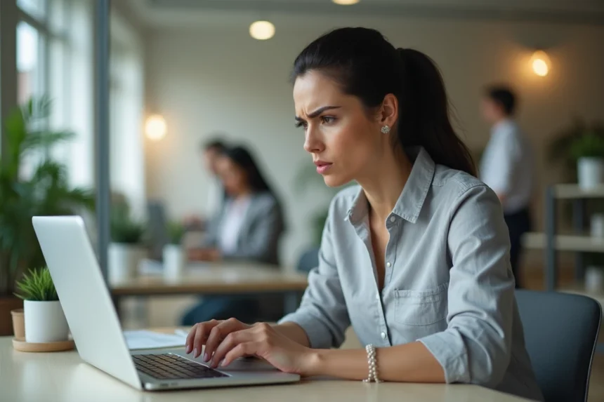 Femme frustrée face à un problème de connexion sur un logiciel de paie au bureau