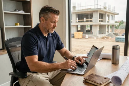 Professionnel du BTP consultant la plateforme Mon-Cercle-BTP sur un ordinateur portable dans un bureau de chantier