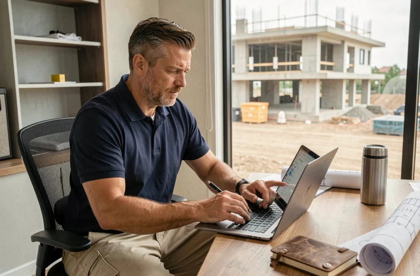 Professionnel du BTP consultant la plateforme Mon-Cercle-BTP sur un ordinateur portable dans un bureau de chantier