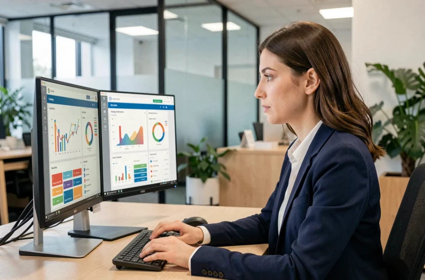 Professionnelle analysant des tableaux de bord CRM avec des outils IA marketing sur double écran dans un bureau moderne