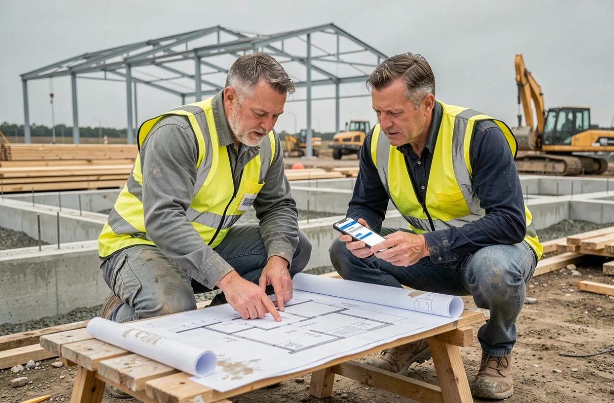 Deux professionnels du BTP consultant des plans de chantier et une application de gestion des coûts sur smartphone pour sécuriser les marges