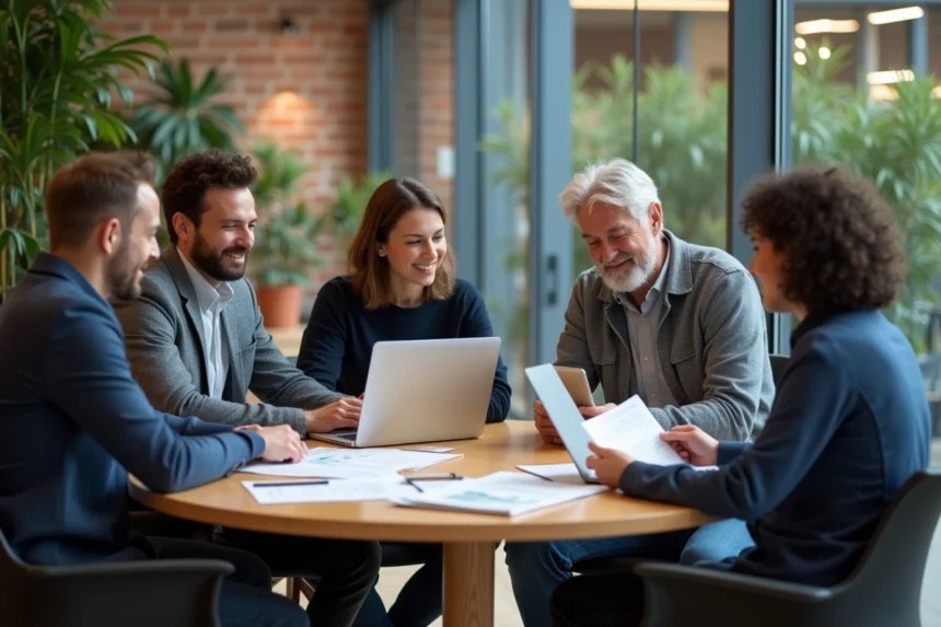 Groupe de professionnels de l'ESS consultant un annuaire et des ressources dans un espace de travail collaboratif en Midi-Pyrénées