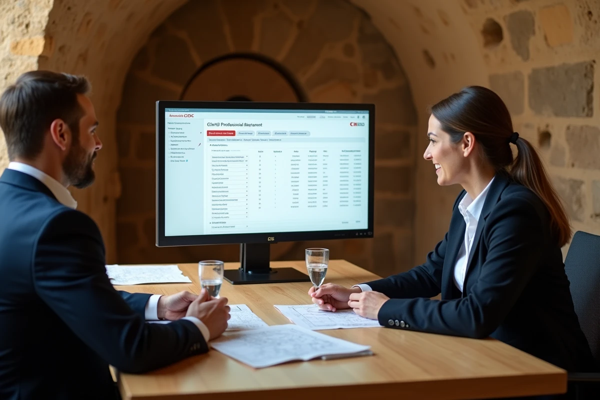 Deux professionnels de la filière champenoise collaborant sur une plateforme extranet viticole dans une salle de réunion de cave coopérative