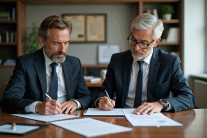 Homme et femme d'affaires lisant des documents dans un bureau moderne