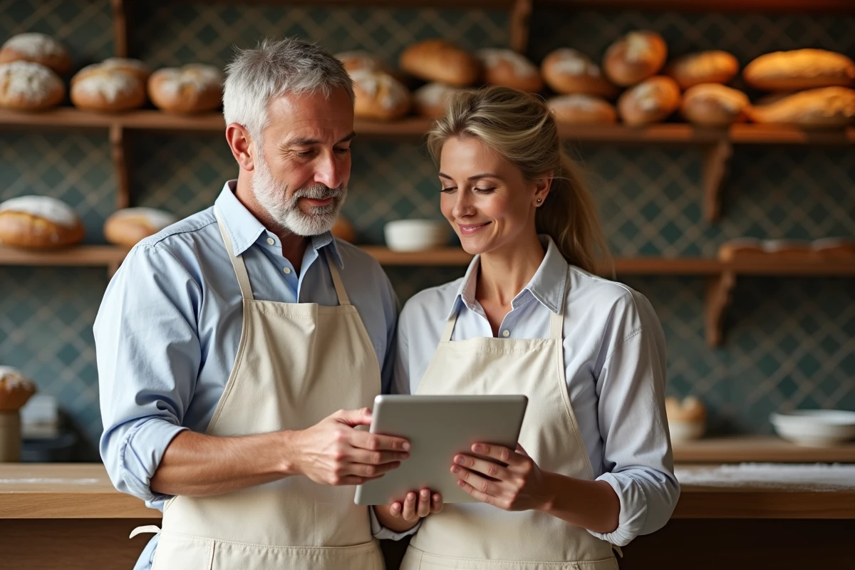Couple de propriétaires de boulangerie artisanale consultant les avis clients en ligne sur tablette, représentant les enjeux des évaluations numériques pour les petites entreprises