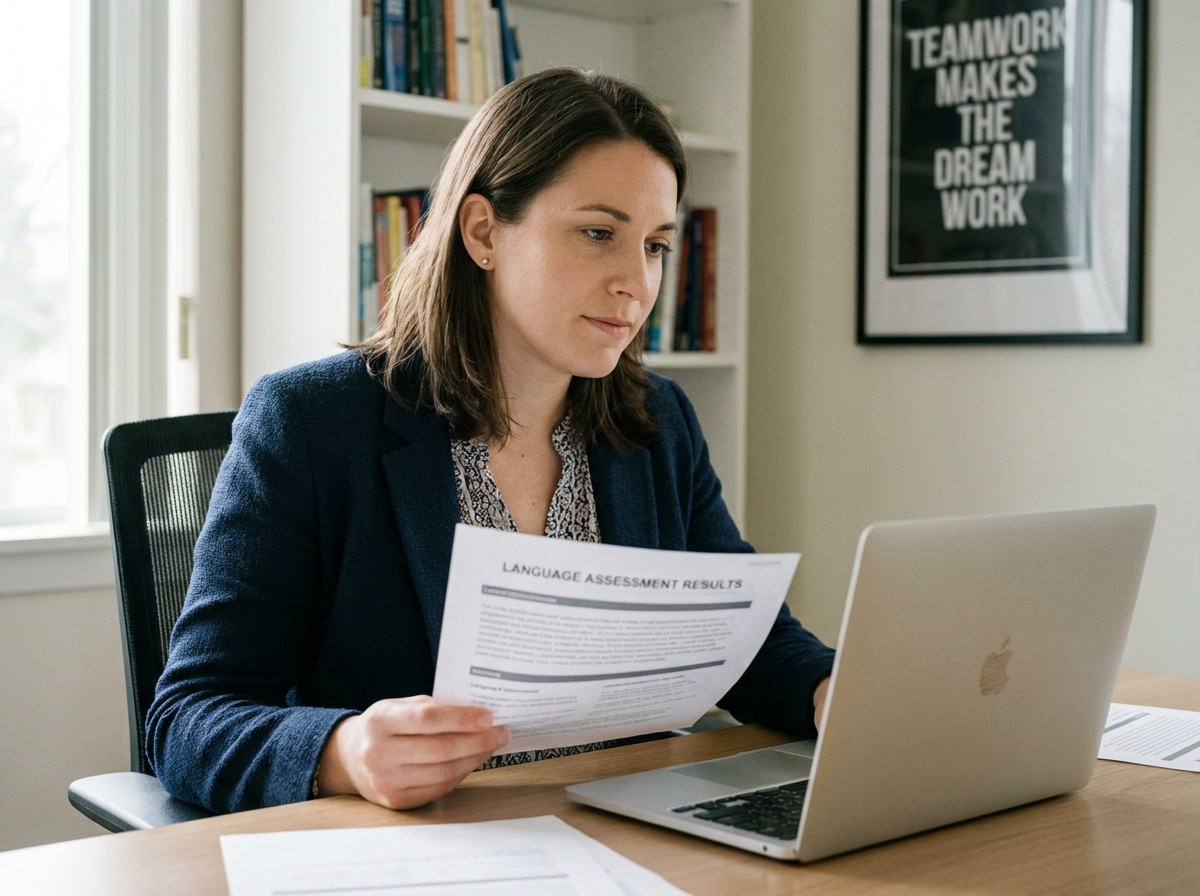 Jeune professionnelle HR examinant des résultats de tests linguistiques
