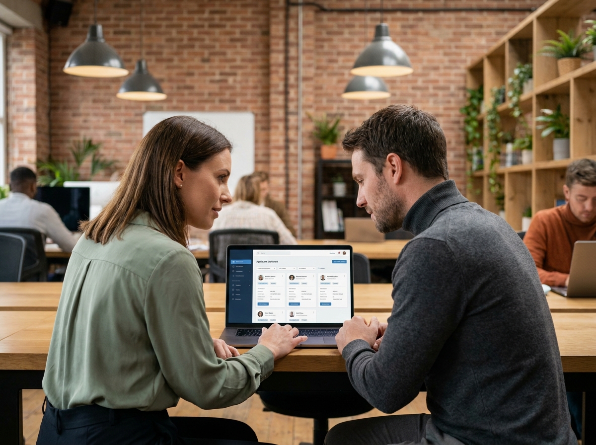 Deux recruteurs collaborant sur une plateforme de suivi des candidats dans un espace de coworking au style startup