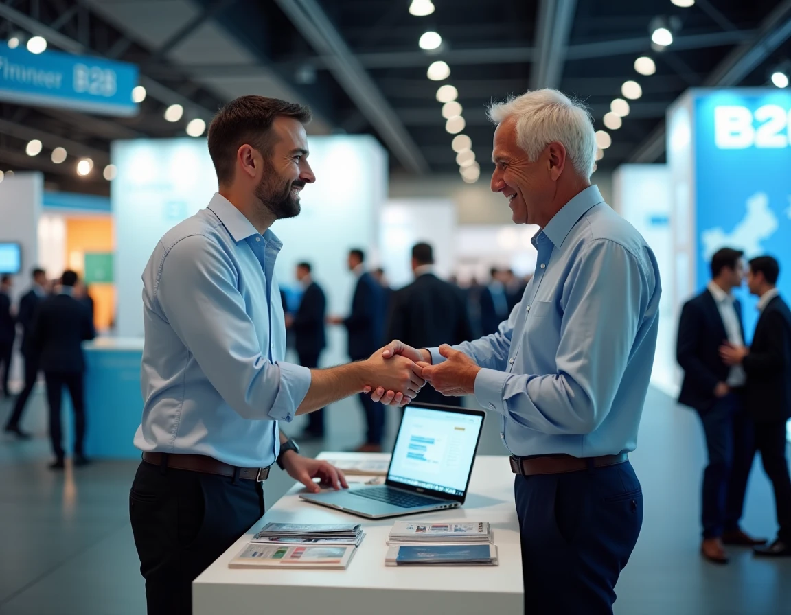 Deux professionnels échangeant des cartes de visite lors d'un rendez-vous d'affaires en salon B2B