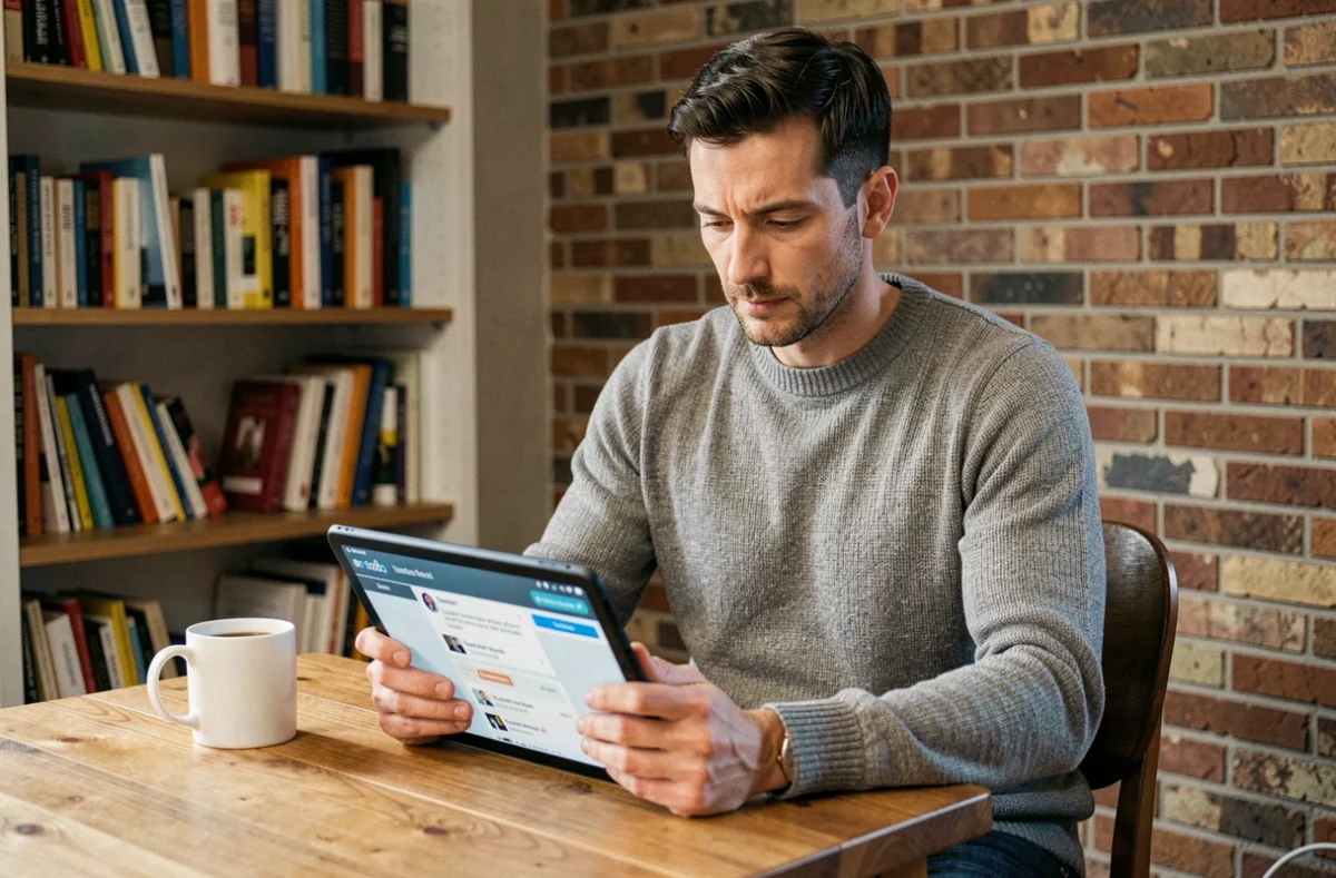 Homme consultant et répondant aux avis clients sur une tablette depuis son domicile dans un cadre chaleureux