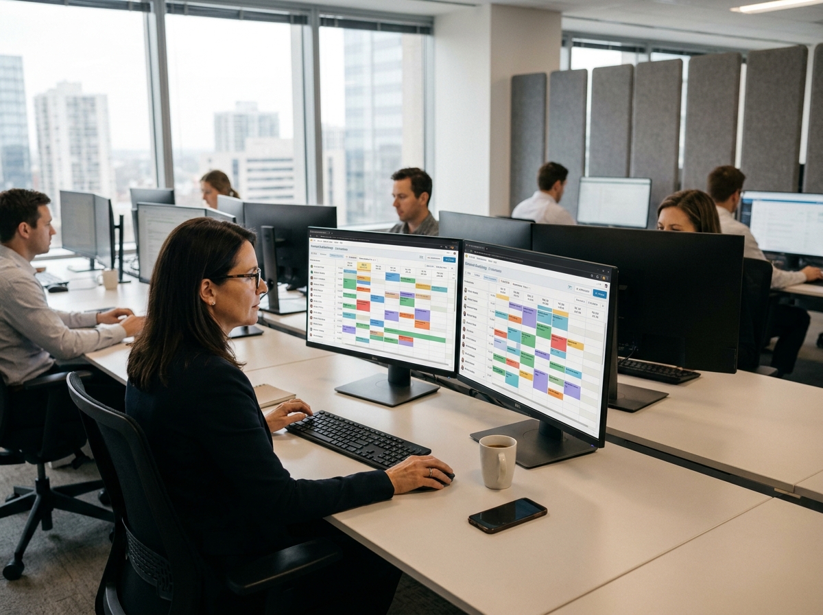 Responsable des opérations gérant le planning d'interventions sur un logiciel avec double écran en open space