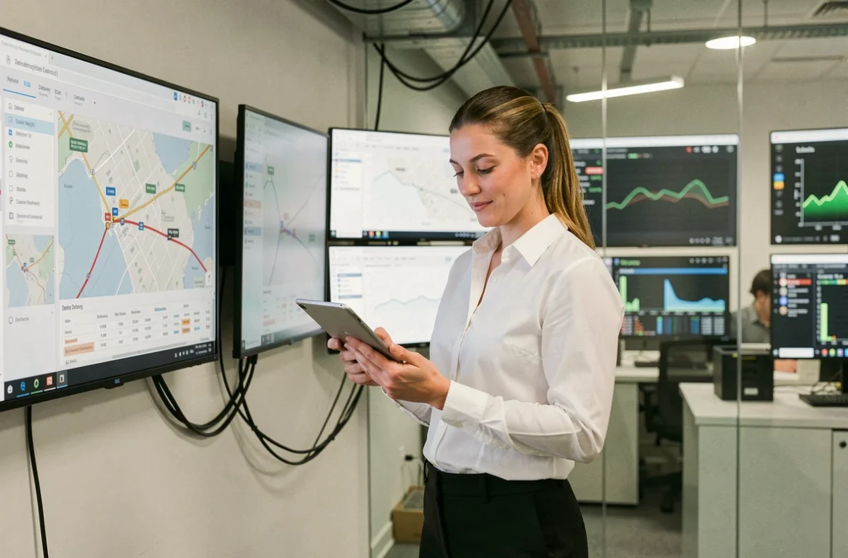 Responsable logistique analysant les délais de livraison sur tablette dans une salle de contrôle de hub colis