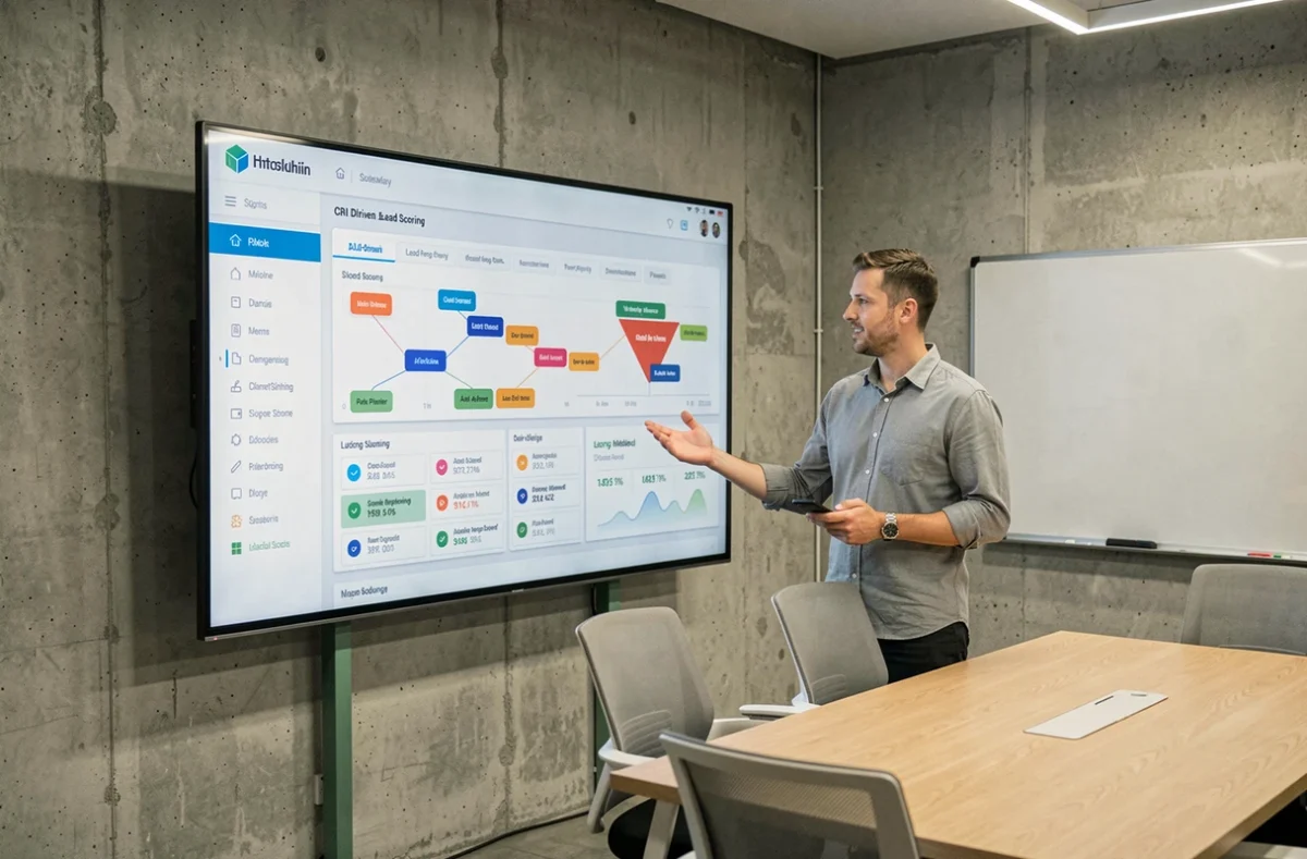 Responsable marketing présentant un pipeline CRM avec scoring IA des leads sur écran tactile mural dans une salle de réunion startup
